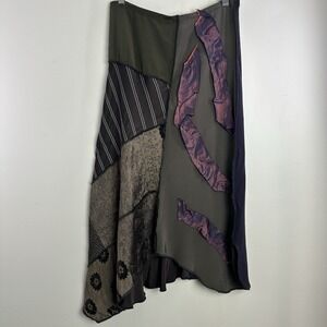 Patchwork Embroidered Midi Skirt Pull On Large Art-To-Wear Boho Whimsigoth